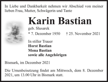 Traueranzeige von Karin Bastian (geb. Slusarek)  von Magdeburger Volksstimme