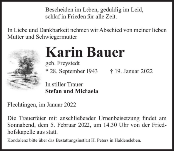 Traueranzeige von Karin Bauer (geb. Freystedt)  von Magdeburger Volksstimme