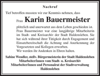 Traueranzeige von Karin Bauermeister  von Magdeburger Volksstimme