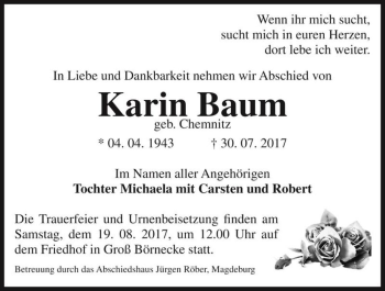Traueranzeige von Karin Baum (geb. Chemnitz)  von Magdeburger Volksstimme