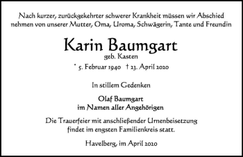 Traueranzeige von Karin Baumgart (geb. Kasten)  von Magdeburger Volksstimme