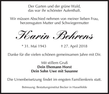 Traueranzeige von Karin Behrens  von Magdeburger Volksstimme