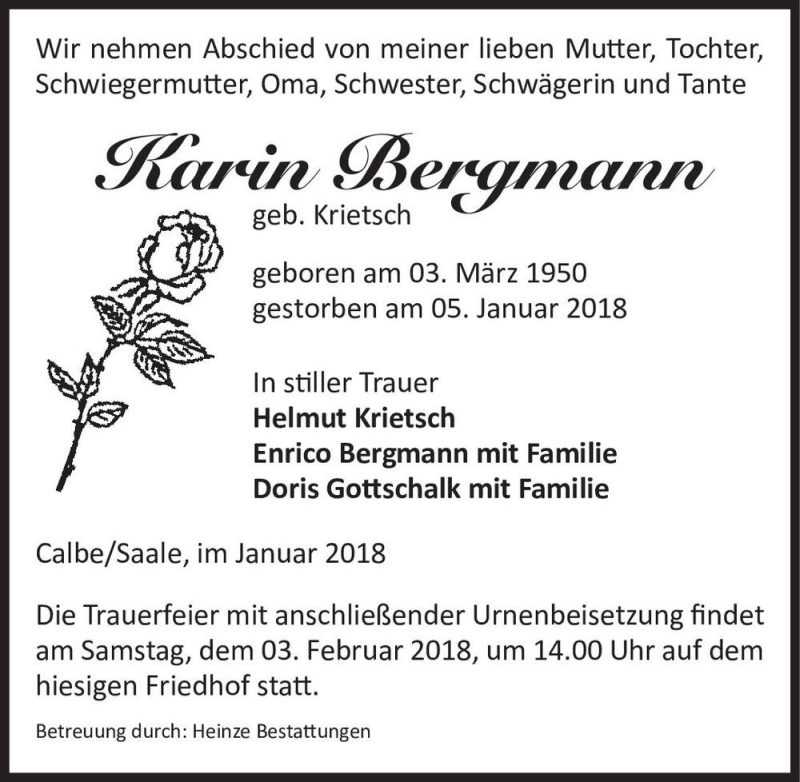  Traueranzeige für Karin Bergmann (geb. Krietsch)  vom 20.01.2018 aus Magdeburger Volksstimme