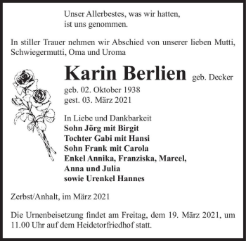 Traueranzeige von Karin Berlien (geb. Decker)  von Magdeburger Volksstimme