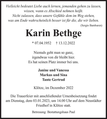 Traueranzeige von Karin Bethge  von Magdeburger Volksstimme