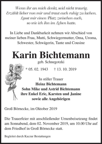 Traueranzeige von Karin Bichtemann (geb. Schnegotzki)  von Magdeburger Volksstimme