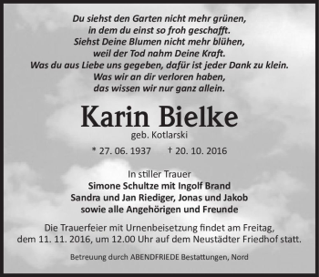 Traueranzeige von Karin Bielke (geb. Kotlarski)  von Magdeburger Volksstimme