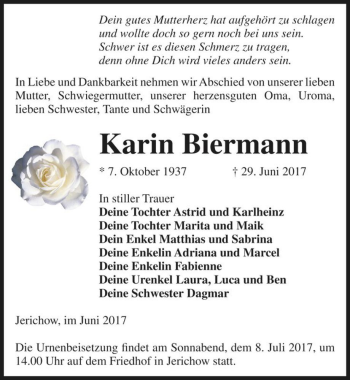 Traueranzeige von Karin Biermann  von Magdeburger Volksstimme