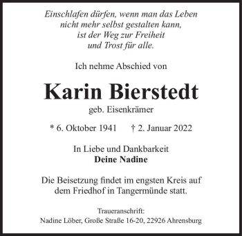 Traueranzeige von Karin Bierstedt (geb. Eisenkrämer)  von Magdeburger Volksstimme