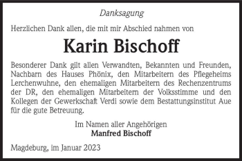 Traueranzeige von Karin Bischoff  von Magdeburger Volksstimme