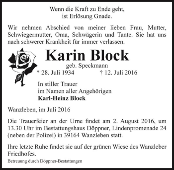 Traueranzeige von Karin Block (geb. Speckmann)  von Magdeburger Volksstimme