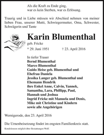 Traueranzeige von Karin Blumenthal (geb. Fricke)  von Magdeburger Volksstimme