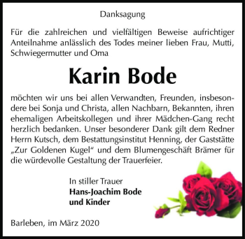 Traueranzeige von Karin Bode  von Magdeburger Volksstimme
