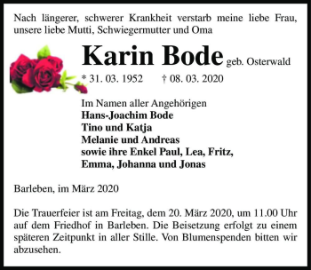Traueranzeige von Karin Bode (geb. Osterwald)  von Magdeburger Volksstimme