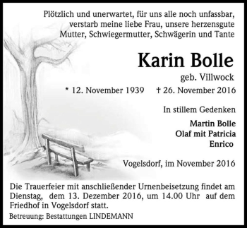 Traueranzeige von Karin Bolle (geb. Villwock)  von Magdeburger Volksstimme