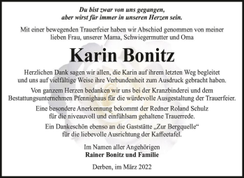 Traueranzeige von Karin Bonitz  von Magdeburger Volksstimme