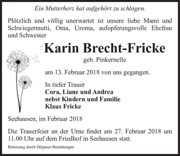 Traueranzeige von Karin Brecht-Fricke (geb. Pinkernelle)  von Magdeburger Volksstimme