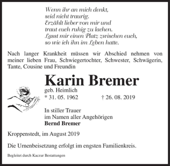 Traueranzeige von Karin Bremer (geb. Heimlich)  von Magdeburger Volksstimme