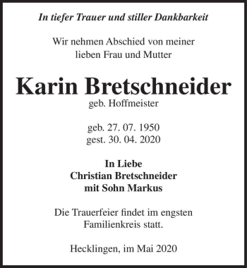 Traueranzeige von Karin Bretschneider (geb. Hoffmeister)  von Magdeburger Volksstimme
