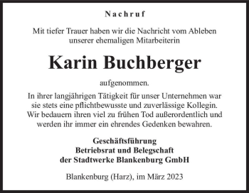 Traueranzeige von Karin Buchberger  von Magdeburger Volksstimme