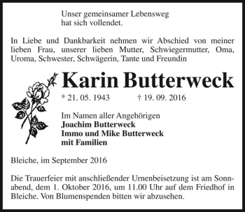 Traueranzeige von Karin Butterweck  von Magdeburger Volksstimme