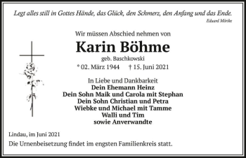 Traueranzeige von Karin Böhme (geb. Baschkowski)  von Magdeburger Volksstimme