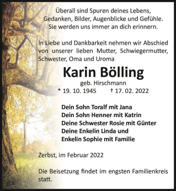 Traueranzeige von Karin Bölling (geb. Hirschmann)  von Magdeburger Volksstimme