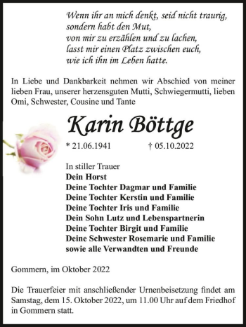 Traueranzeige von Karin Böttge  von Magdeburger Volksstimme