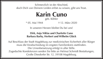 Traueranzeige von Karin Cuno (geb. Köhler)  von Magdeburger Volksstimme