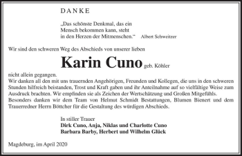 Traueranzeige von Karin Cuno (geb. Köhler)  von Magdeburger Volksstimme