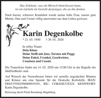 Traueranzeige von Karin Degenkolbe  von Magdeburger Volksstimme