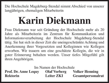 Traueranzeige von Karin Diekmann  von Magdeburger Volksstimme