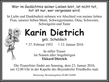Traueranzeige von Karin Dietrich (geb. Schaldach)  von Magdeburger Volksstimme