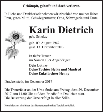 Traueranzeige von Karin Dietrich (geb. Schulze)  von Magdeburger Volksstimme