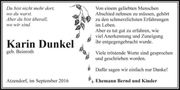 Traueranzeige von Karin Dunkel (geb. Beinroth)  von Magdeburger Volksstimme