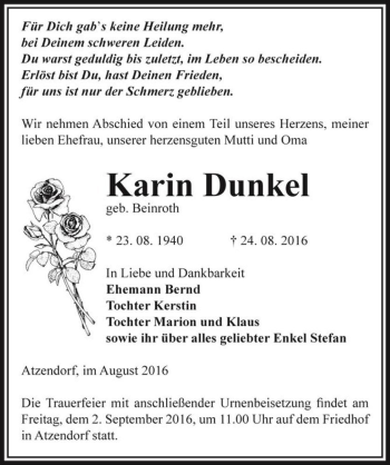 Traueranzeige von Karin Dunkel (geb. Beinroth)  von Magdeburger Volksstimme