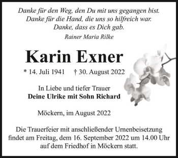 Traueranzeige von Karin Exner  von Magdeburger Volksstimme