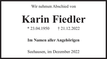 Traueranzeige von Karin Fiedler  von Magdeburger Volksstimme