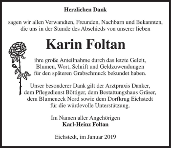 Traueranzeige von Karin Foltan  von Magdeburger Volksstimme