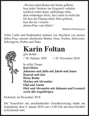 Traueranzeige von Karin Foltan (geb. Rothe)  von Magdeburger Volksstimme