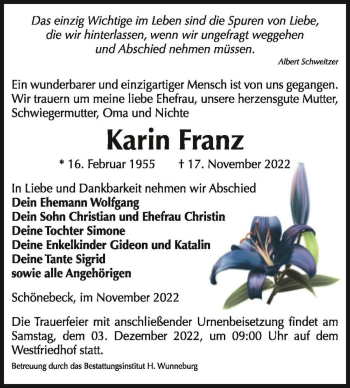 Traueranzeige von Karin Franz  von Magdeburger Volksstimme