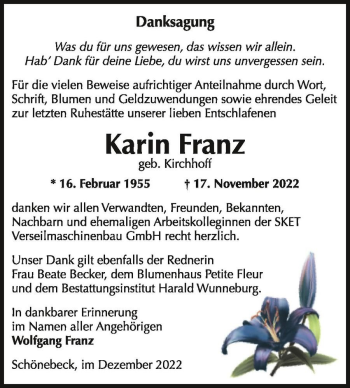 Traueranzeige von Karin Franz (geb. Kirchhoff)  von Magdeburger Volksstimme