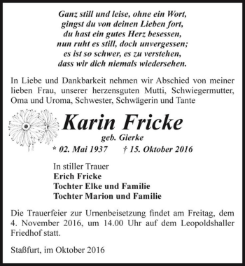 Traueranzeige von Karin Fricke (geb. Gierke)  von Magdeburger Volksstimme