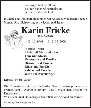 Traueranzeige von Karin Fricke (geb. Kupietz)  von Magdeburger Volksstimme