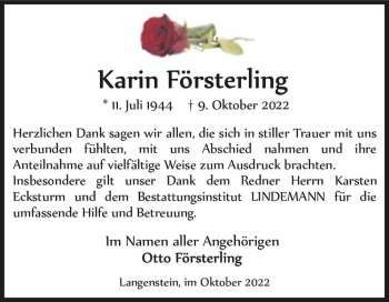 Traueranzeige von Karin Försterling  von Magdeburger Volksstimme