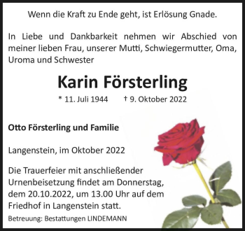Traueranzeige von Karin Försterling  von Magdeburger Volksstimme