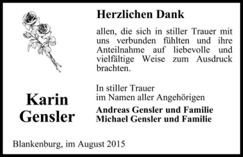 Traueranzeige von Karin Gensler  von Magdeburger Volksstimme