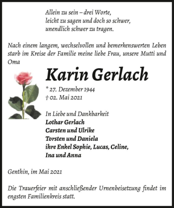 Traueranzeige von Karin Gerlach  von Magdeburger Volksstimme