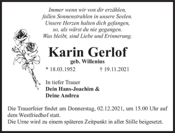 Traueranzeige von Karin Gerlof (geb. Willenius)  von Magdeburger Volksstimme