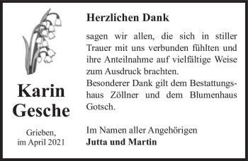 Traueranzeige von Karin Gesche  von Magdeburger Volksstimme